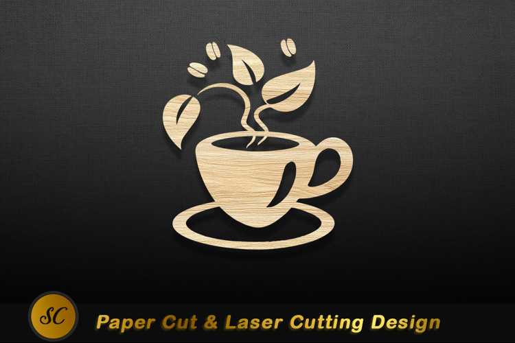 Wooden coffee cup with leaves and beans saucer steam Laser C
