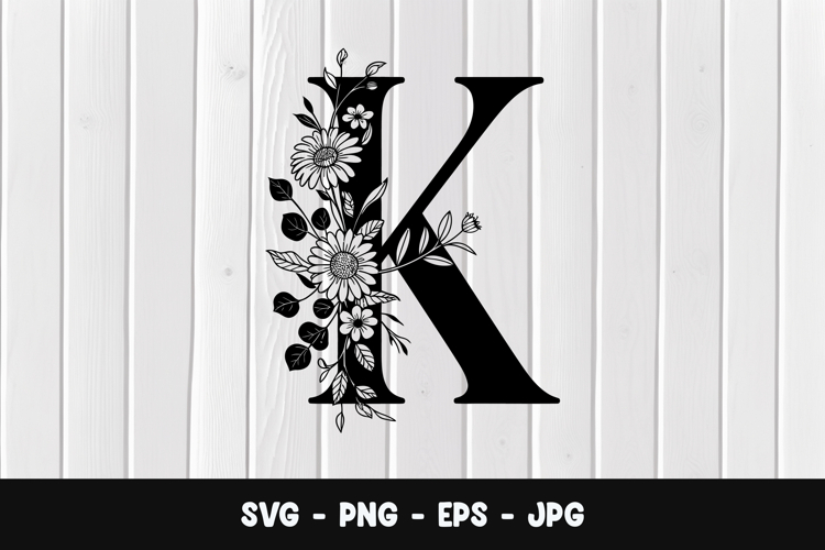 Floral Letter K Monogram SVG, PNG