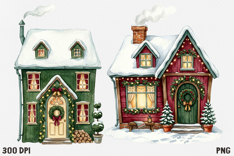Christmas Village Watercolor Clipart PNG, Whimsical Holiday example image 1
