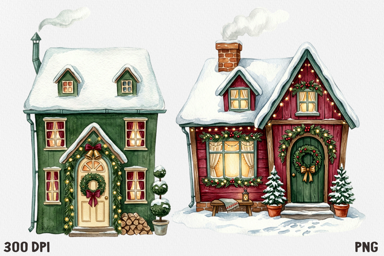 Christmas Village Watercolor Clipart PNG, Whimsical Holiday