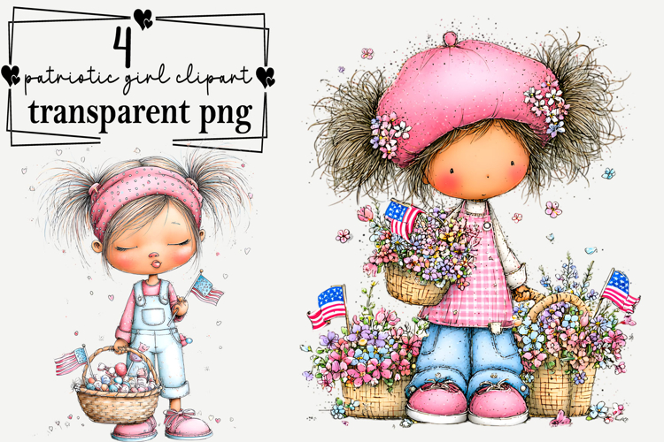whimsical cute patriotic girl clipart Watercolor PNG example image 1