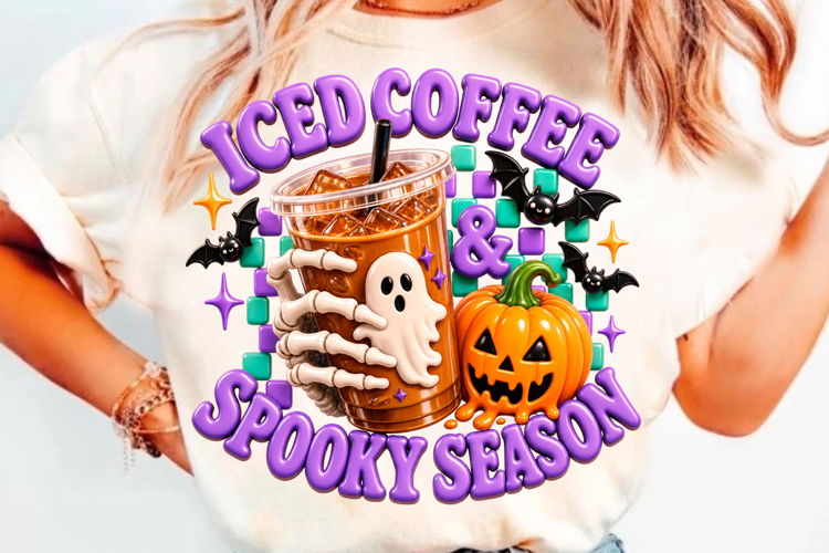Iced Coffee Spooky Season Halloween T-Shirt Design With Ghos