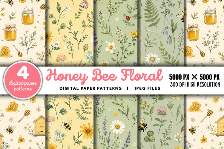 Honey Bee Floral Seamless Digital Paper JPG example image 1