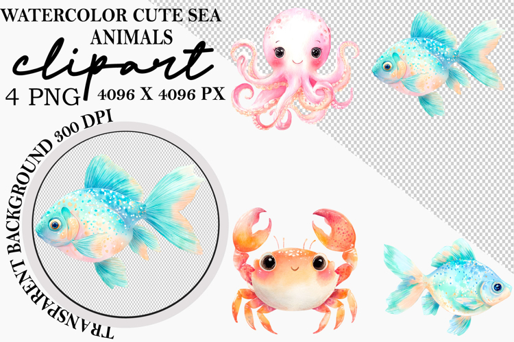 Whimsical Cute Sea Animals Clipart Watercolor png