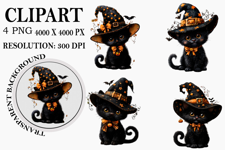 Halloween Black Cat Clipart Watercolor PNG