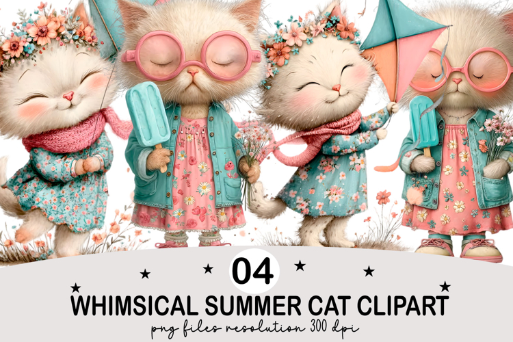 Whimsical Summer Cat Clipart Watercolor png