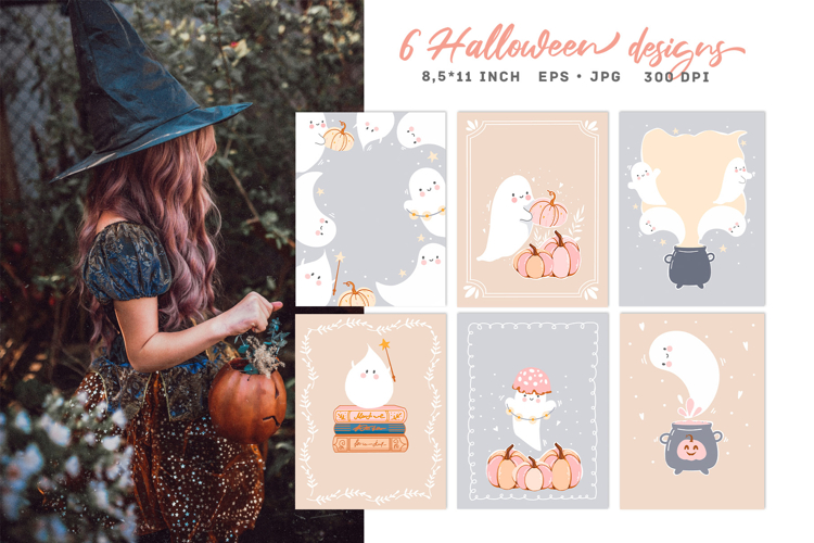 Cute Halloween Postcards. Vector Funny ghosts. Fall Template