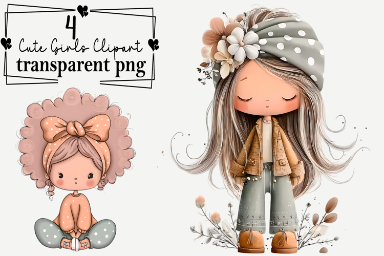Whimsical Cute Girls Clipart Watercolor PNG