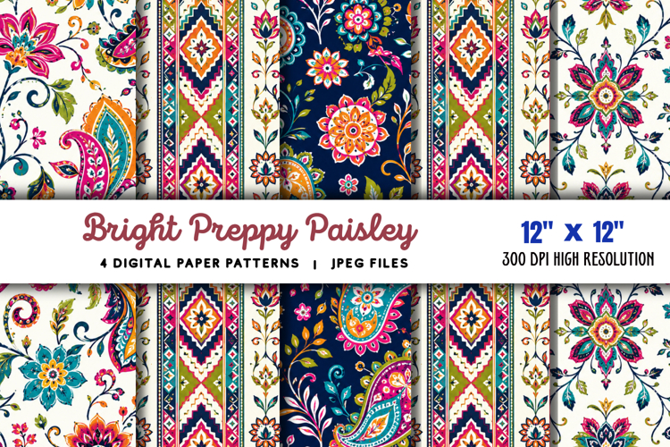 Bright Preppy Paisley Digital Paper JPG