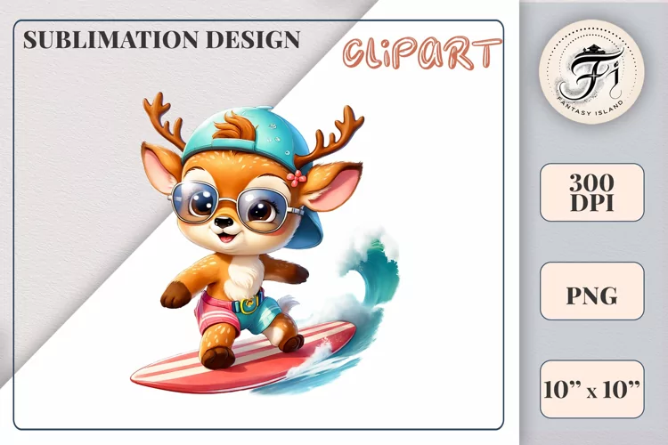 Cute Little Deer Surfer Cartoon| Sublimation Design| Ocean