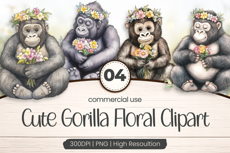 Cute Gorilla Floral Clipart PNG
