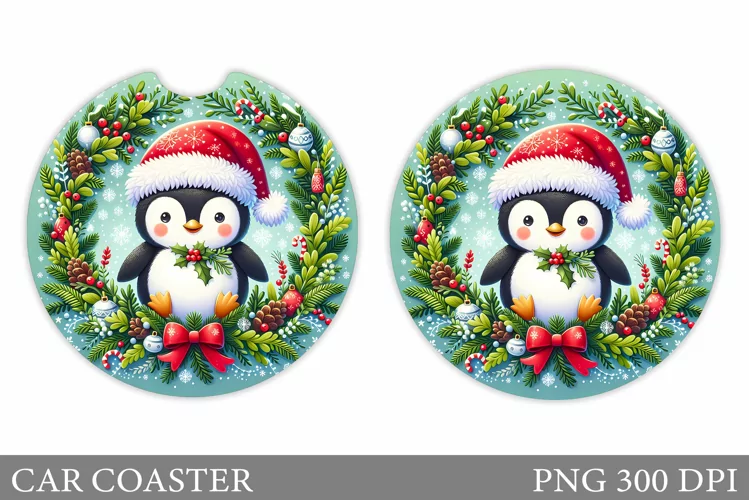 Cute Penguin Car Coaster. Christmas Car Coaster Design