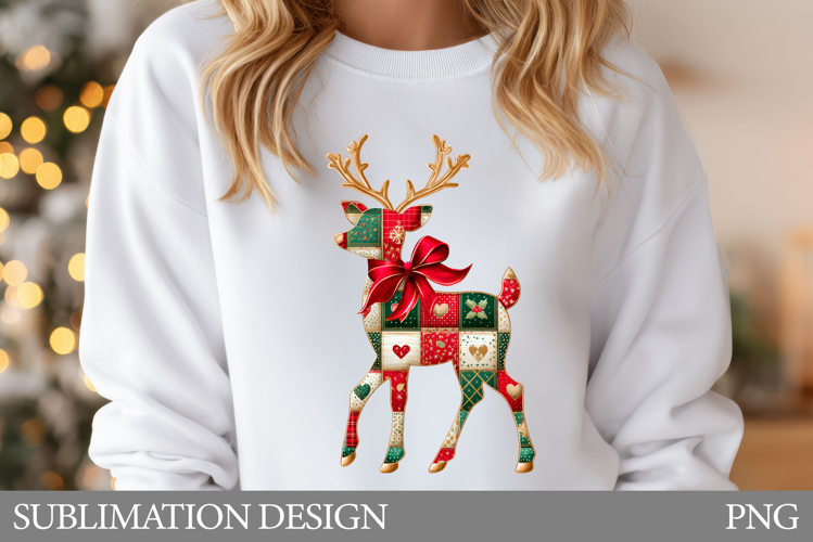 Patchwork Deer Sublimation. Christmas Reindeer T-Shirt