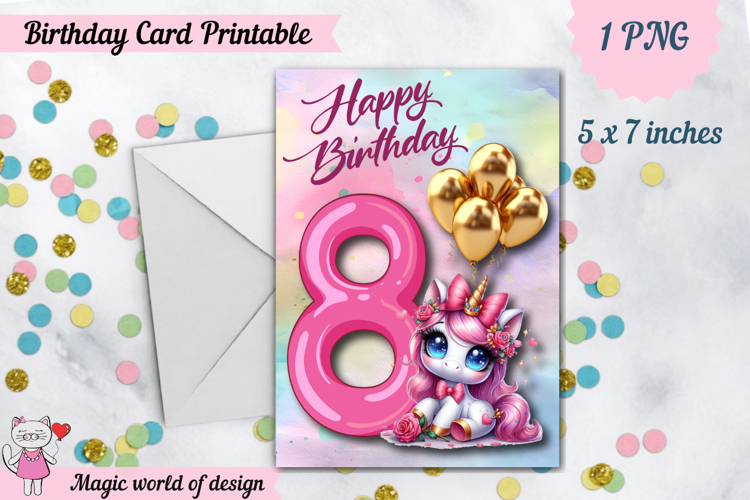 Unicorn 8th Happy Birthday Card, Printable png