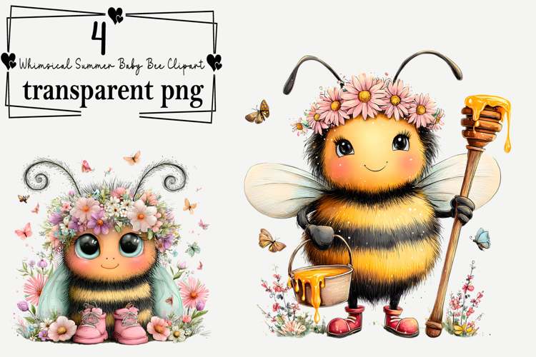 Whimsical Summer Baby Bee Clipart Watercolor PNG example image 1