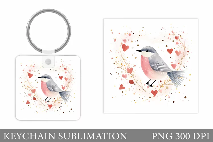 Valentines Bird Keychain Design. Cute Bird Square Keychain