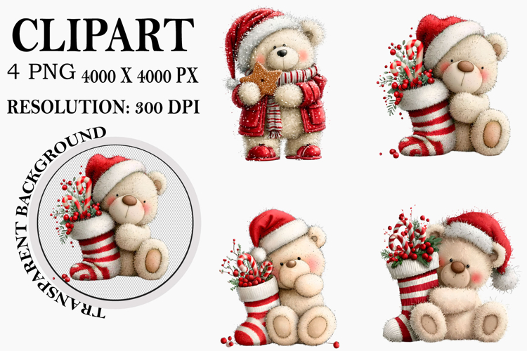 Whimsical Christmas Teddy Bear Clipart Watercolor PNG