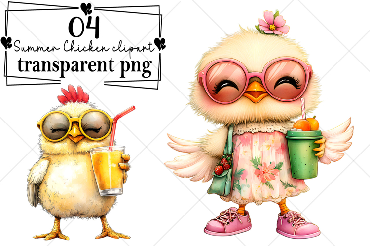 Whimsical Summer Chicken clipart Watercolor PNG