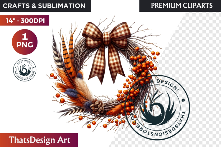 Cozy Autumn Wreath - Boho Farmhouse Fall Clipart PNG