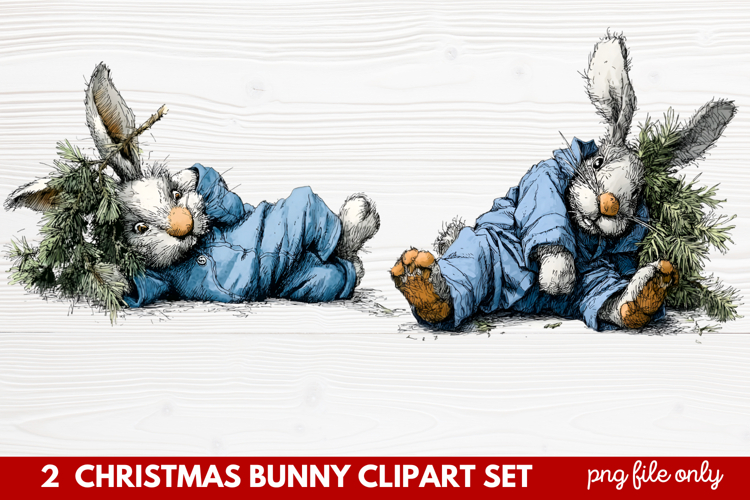 2 Christmas Bunny Clipart Set | Cute Holiday Bunny PNG Illus