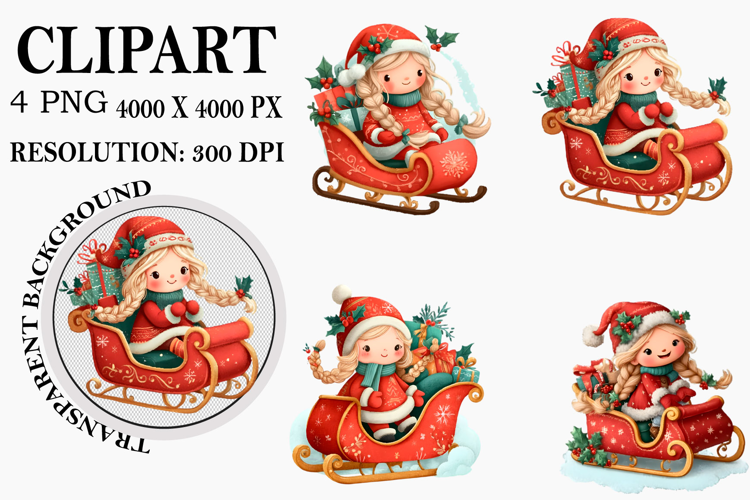 Christmas Santa Girl Clipart Watercolor PNG