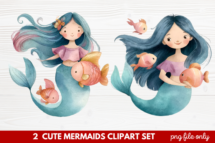 2 Cute Mermaids Clipart Set | Whimsical Mermaid Illustration