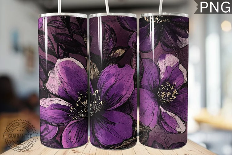 Purple Floral Tumbler Wrap - High Quality 300 Dpi