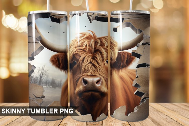 3D Highland Cow Cracked Hole PNG Tumbler Design