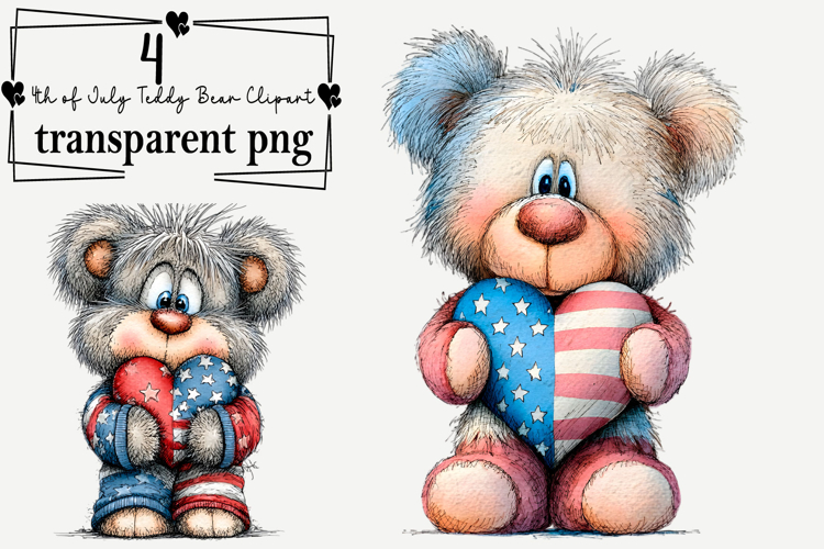 4th of July Teddy Bear Clipart Watercolor PNG