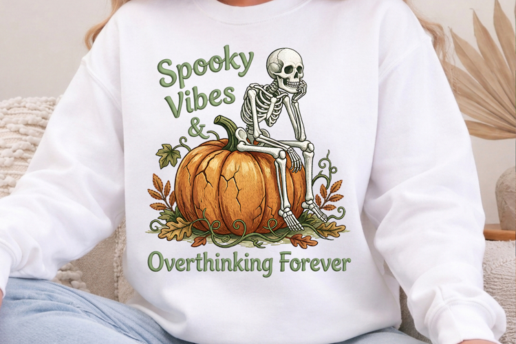 Spooky Vibes PNG, Overthinking Skeleton Pumpkin Sublimation