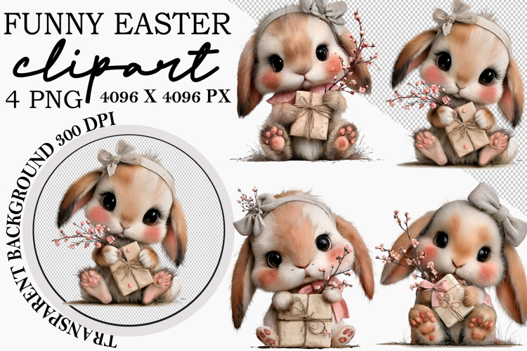 Whimsical Bunny Easter Clipart, Watercolor Easter Bunny PNG