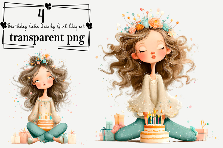 Birthday Cake Quirky Girl Clipart Watercolor PNG