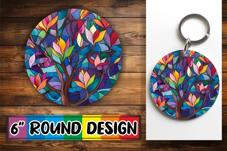 Stained Glass Tree Keychain Colorful Round Design Sublimatio