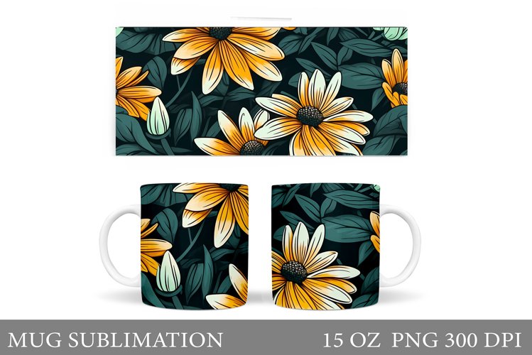 Daisy Flowers Mug Sublimation. Flowers Mug Wrap Design
