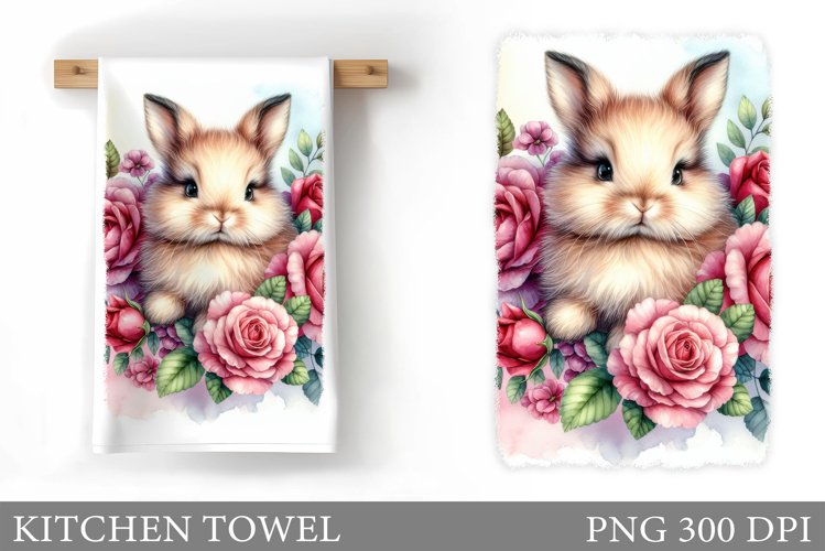 Cute Bunny Kitchen Towel. Flowers Kitchen Towel Sublimation example image 1