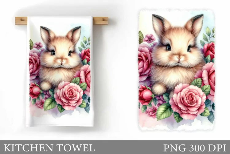 Cute Bunny Kitchen Towel. Flowers Kitchen Towel Sublimation