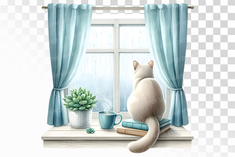 Watercolor White Cat Back View Watching Rainy Window PNG