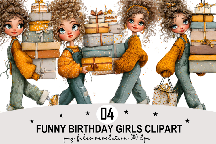 Funny Birthday Girls Clipart Watercolor PNG