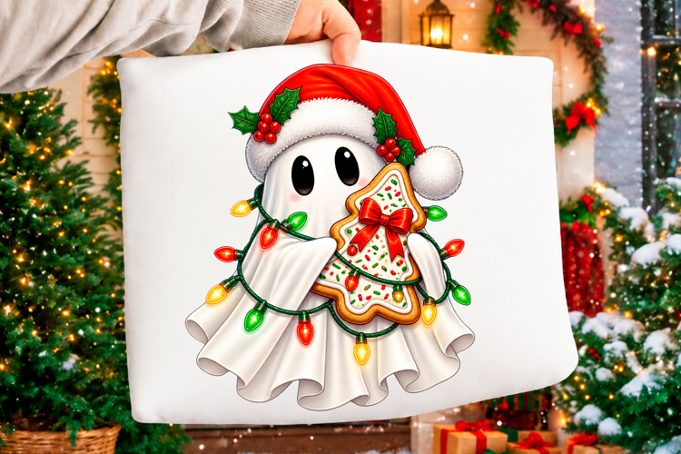 Cute Christmas ghost holding gingerbread cookie