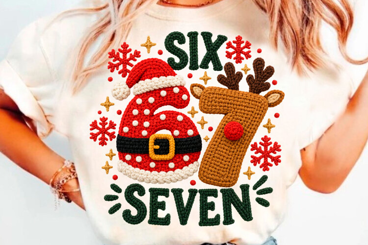 Cute Six Seven Christmas T-Shirt Design With Santa Hat Reind example image 1