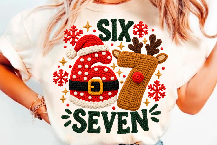 Cute Six Seven Christmas T-Shirt Design With Santa Hat Reind