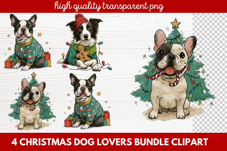 4 Christmas Dog Lovers Clipart | Festive Holiday Puppy PNG