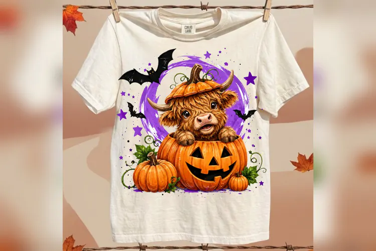 Highland Cow Halloween PNG, Cute Pumpkin Cow PNG, Jack O