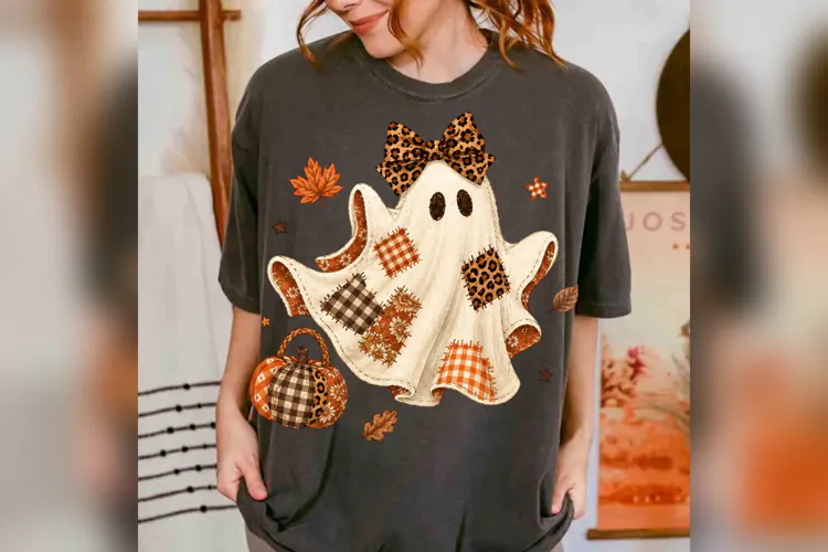 Patchwork Ghost PNG, Leopard Bow Halloween Ghost, Gingham