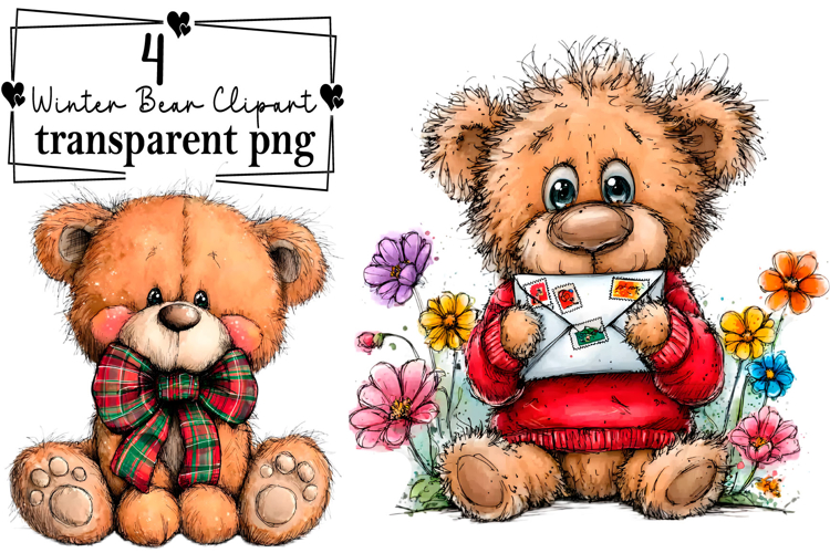 Whimsical Winter Bear Clipart Watercolor PNG example image 1