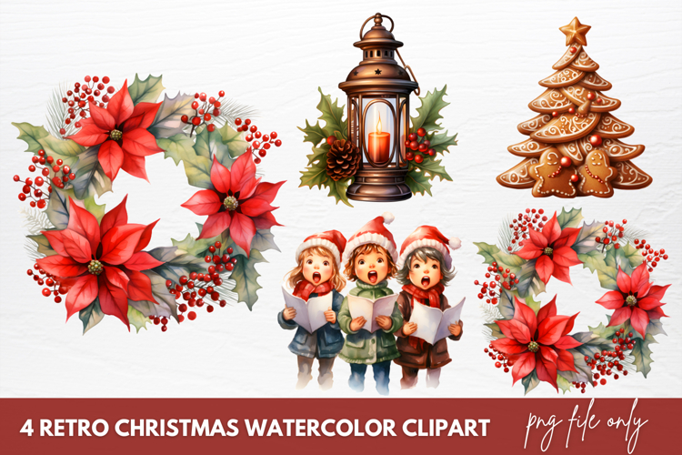 Retro Christmas Watercolor Sublimation Clipart