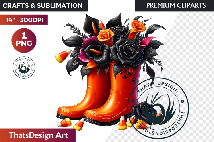 Halloween Floral Rain Boots - Cute Witchy Garden Clipart PNG
