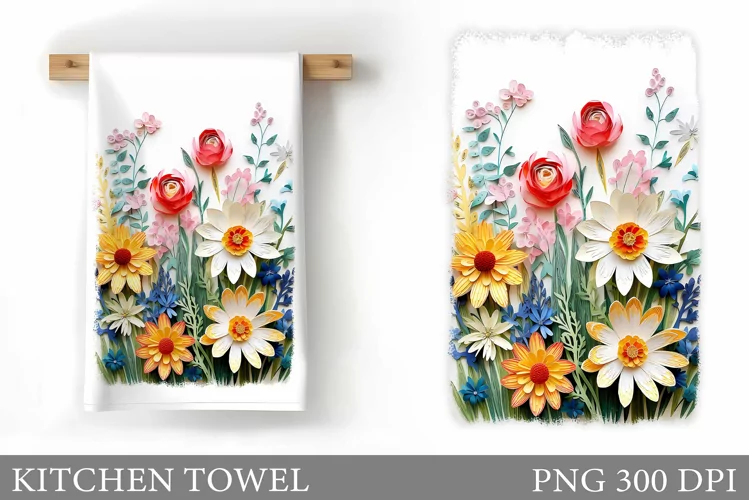3D Wildflowers Kitchen Towel. Flowers Kitchen Towel Design