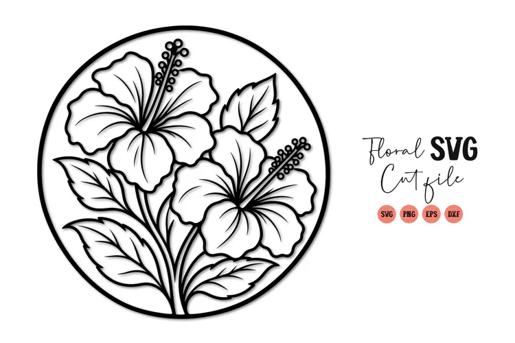 Hibiscus Flower Circle Line Art SVG PNG