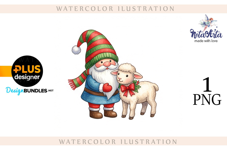 Christmas Gnome Santa with a Sheep in Watercolor Style